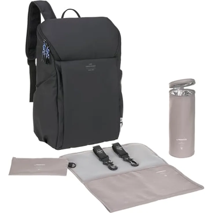 LÄSSIG Baby Wickelrucksack Slender Up Backpack Black mit Wickelunterlage, Kinderwagenbefestigung und Flaschenhalter