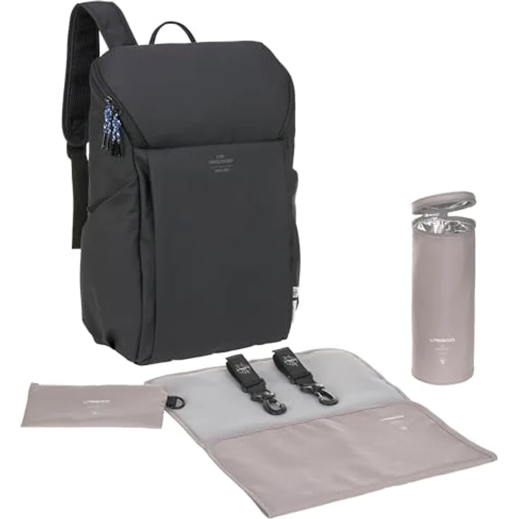 LÄSSIG Baby Wickelrucksack Slender Up Backpack Black mit Wickelunterlage, Kinderwagenbefestigung und Flaschenhalter – Bild 1