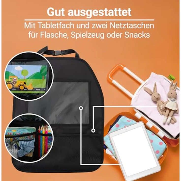 Zamboo Auto Organizer Kinder Rücksitz mit Tabletfach (bis 11") | Universal Rückenlehnenschutz & Aufbewahrung für Spielzeug & Snacks | Schwarz – Bild 4