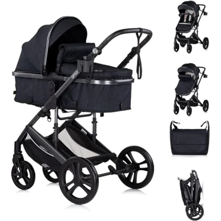 Chipolino Kinderwagen 2 in 1 Amore Getränkehalter Wickeltasche Fußabdeckung Korb, schwarz gemustert – Bild 1