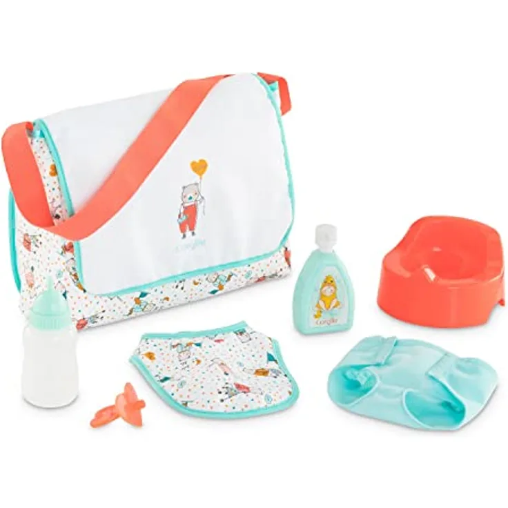 Corolle 9000141300 - Mon Grand Poupon Wickeltasche, Zubehör, 7 Teile, 2in1 Wickeltasche und Unterlage, Windel, Creme, Bodylotion, Töpfchen, Flasche und Lätzchen für 36-42cm Puppen, ab 2 Jahren