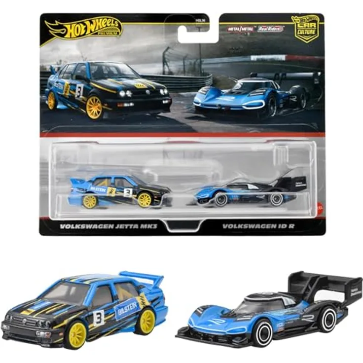Mattel Hot Wheels Premium 2 Pack Volkswagen Jetta MK3 und Volkswagen ID R, Spielzeug Minicar in blau, ab 3 Jahre