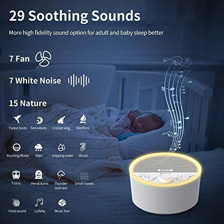 RENPHO White Noise Machine Baby, Tragbare Einschlafhilfe mit 29 beruhigenden Klängen, USB wiederaufladbar und Timer-Funktion – Bild 3