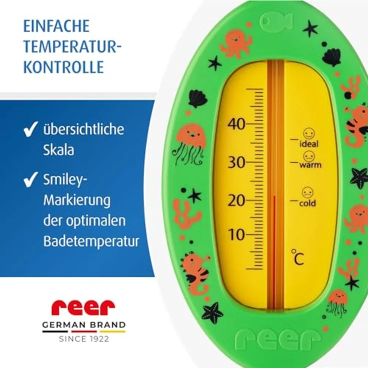 Reer Baby-Badethermometer oval, kindersicheres Bade-Thermometer mit übersichtlicher Skala, quecksilberfrei, hoher Messbereich bis 50 °C, grün – Bild 4