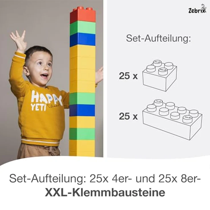 Zebrix XXL 50 Klemmbausteine 7 Farben I Große Bausteine in Pink, Hellblau, Orange, Rot, Grün, Blau und Gelb - (50 Steine) I Für Babys & Kinder I Made in Germany – Bild 6