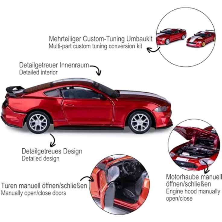 JAMARA Ford Mustang GT Diecast 1:42, Modellauto mit manuell öffnenden Türen, Custom-Tuning Umbaukit, Geschenkidee für Kinder – Bild 4