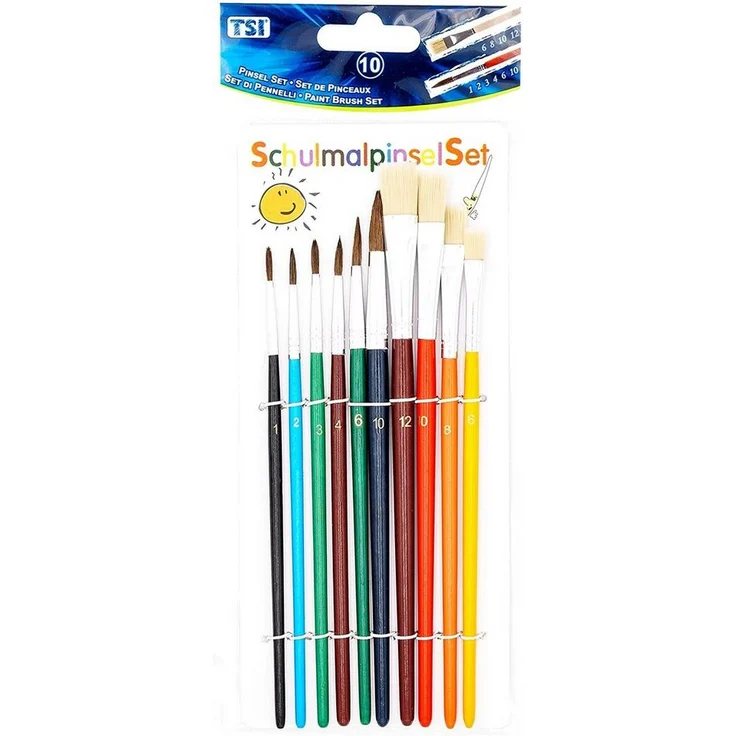 TSI Schreibwaren Malpinsel Pinselset 10 St Vegan Haar- + Borstenpinsel Haar 1 2 4 6 8 10 Borsten, hochwertige Qualität, farbig lackierter Schaft