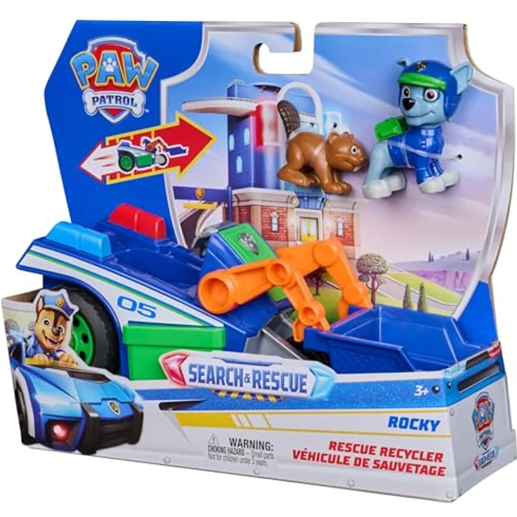 Paw Patrol PAW Search & Rescue Vehicle Rocky, Rückziehfahrzeug-Set mit 15 cm Auto und 2 Figuren, inkl. Rocky in Rescue-Uniform und Eichhörnchenfigur, für Kinder ab 3 Jahren – Bild 7