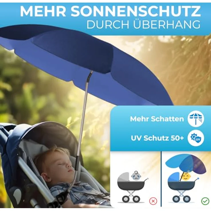 STYNGARD Sonnenschirm Kinderwagen Modell ROME, UV Schutz 50+, 70 cm Durchmesser mit Überhang, 360° verstellbar, flexibele Universalhalterung – Bild 2
