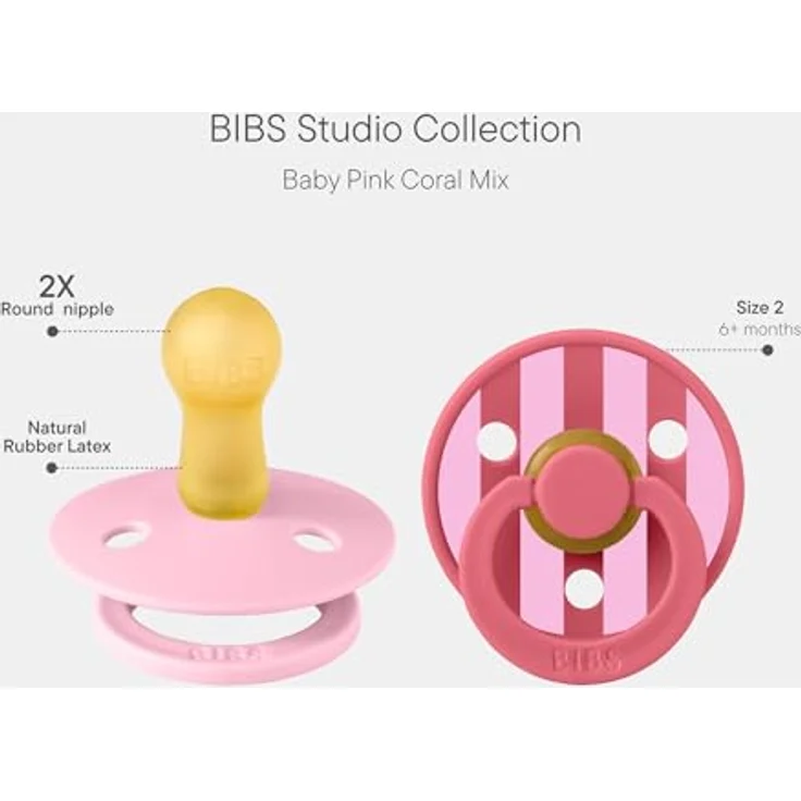 BIBS Colour Studio Schnuller 2er-Pack, BPA-frei, Kirschform Nippel aus Naturkautschuk/Latex, Größe 2 (6-18 Monate), Block Baby Pink Coral – Bild 2