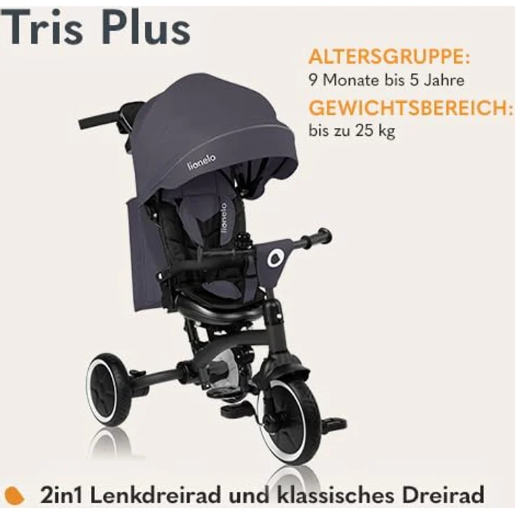 Lionelo Tris Plus Multifunktionales Laufrad Dreirad, von 9 Monaten bis 5 Jahren, bis zu 25 kg, Kinderwagen, Große PU-Räder, Drehbarer Sitz 360 °, Verstellbare Rückenlehne, Montage ohne Werkzeug – Bild 2
