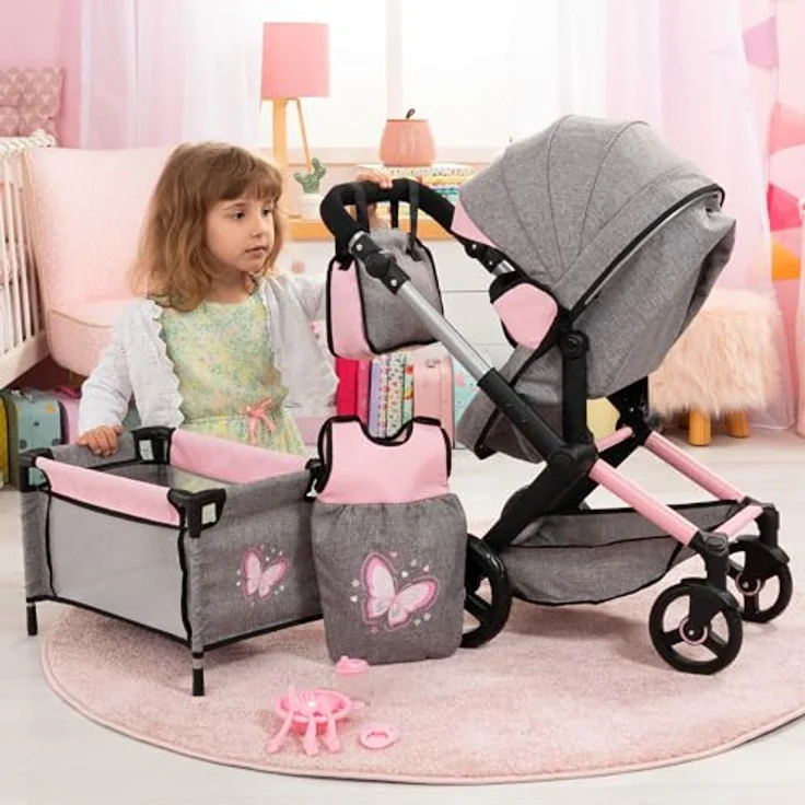 Bayer Design 17033AD Puppenwagen Xeo, Verstellbarer Griff, Schwenkschieber, wandelbar als Jogger, Schlafsack, Puppenbett, Zubehör – Bild 5
