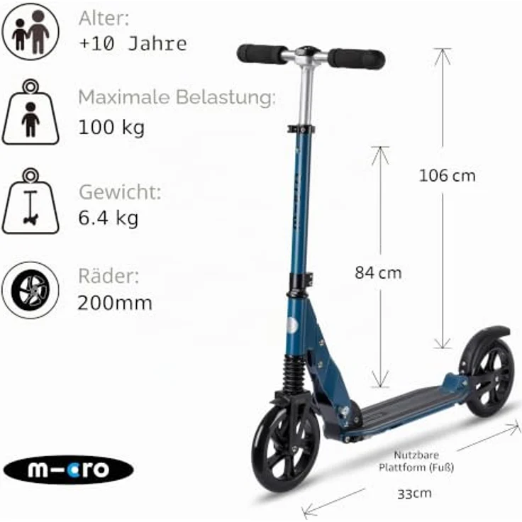 Micro Mobility Micro Suspension, Klassischer Roller mit Vorder- und Hinterradaufhängung für Erwachsene, Unisex, bis 100 kg, Asphalt – Bild 2