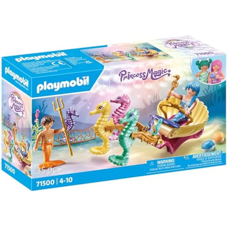 PLAYMOBIL 71500 - Meeresbewohner mit Seepferdchenkutsche, Princess Magic Spielset mit Dekomuscheln