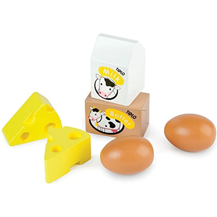 Tidlo Wooden Eggs and Dairy Food Set, Spielzeug für Kaufläden mit 2 Eiern, 2 Käse-Stücken, Butter und Milch, geeignet für Kinder ab 3 Jahren – Bild 1