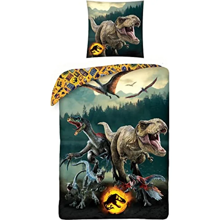 MTOnlinehandel Jurassic World Dinosaurier Kinder-Bettwäsche · 1 x Kissenbezug 80x80 + 1 x Bettbezug 135x200 cm · T-Rex Dino · 100% Baumwolle · - Preisvergleich