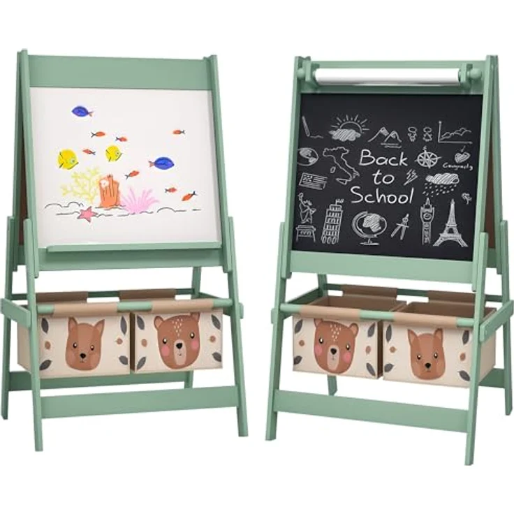 AIYAPLAY 3 in 1 Kinder Staffelei, Doppelseitig mit Tafel und Whiteboard, Grün, 54 x 46,5 x 93 cm, inkl. Aufbewahrungskörben für Kunstutensilien – Bild 1