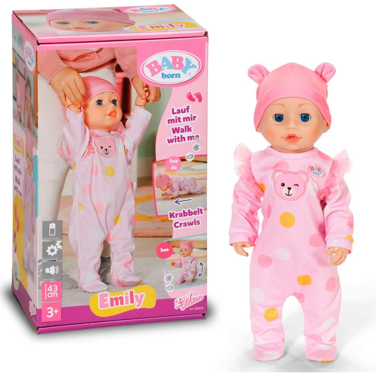 Baby Born Stehpuppe Emily, 43 cm Laufhilfe mit Babygeräuschen und krabbelnder Funktion – Bild 1