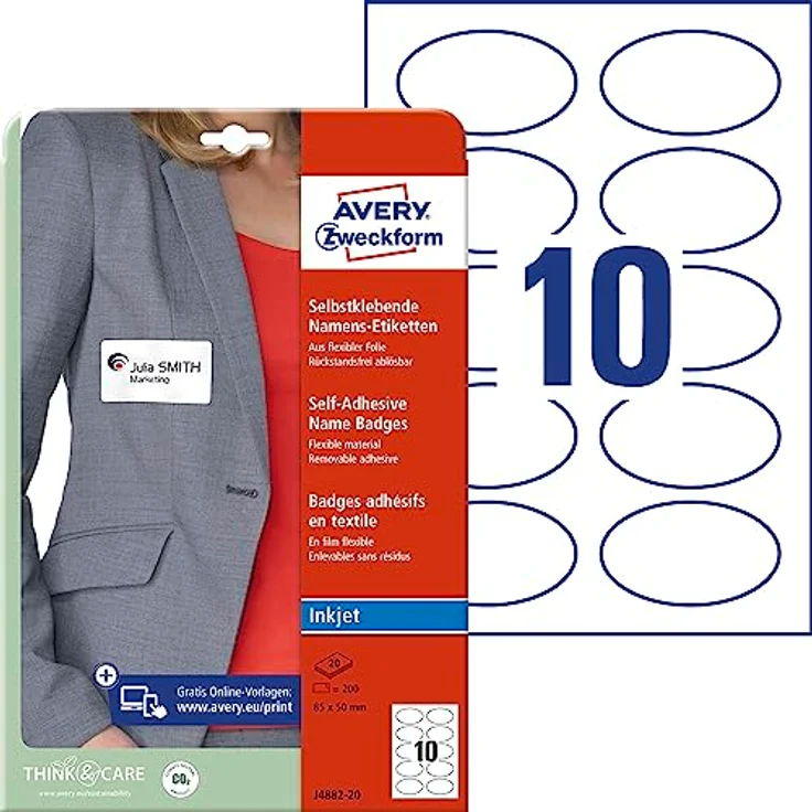 Avery Zweckform J4882-20 Namensetiketten (200 Namensaufkleber, 85x50 mm auf A4, selbstklebend, bedruckbare ovale Textiletiketten für Inkjetdrucker, rückstandsfrei ablösbar) 20 Blatt, weiß – Bild 1