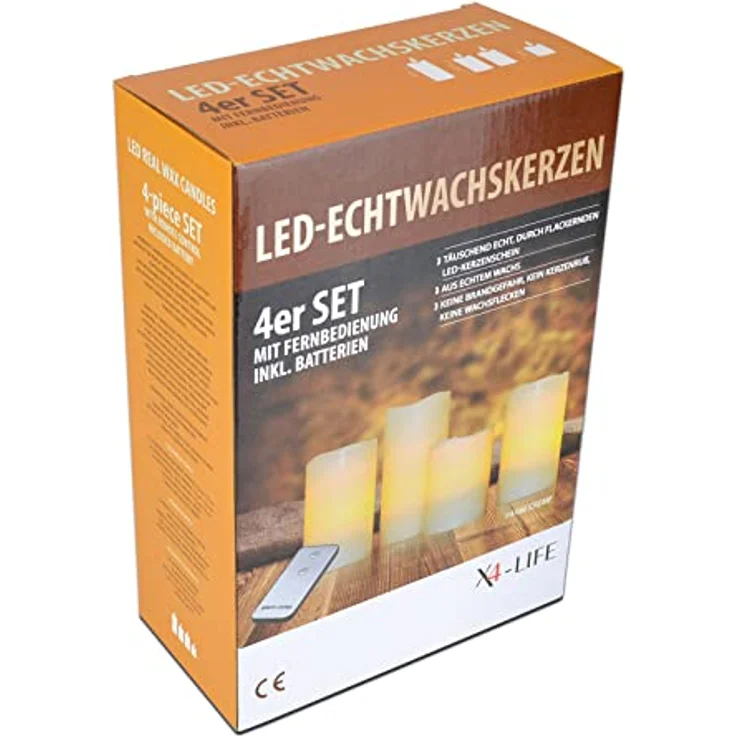 X4-LIFE LED Echtwachskerzen mit Fernbedienung 4er Set - Flackernde Flamme - Stumpenkerzen - inkl. Batterien - 10 cm bis 15 cm – Bild 5