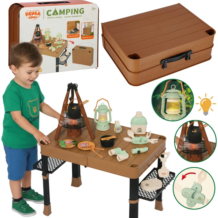 sarcia.eu Camping-Set für Kinder, Klapptisch im Koffer mit LED-Licht, Grill mit Dampfeffekt & Sound, Reisezubehör