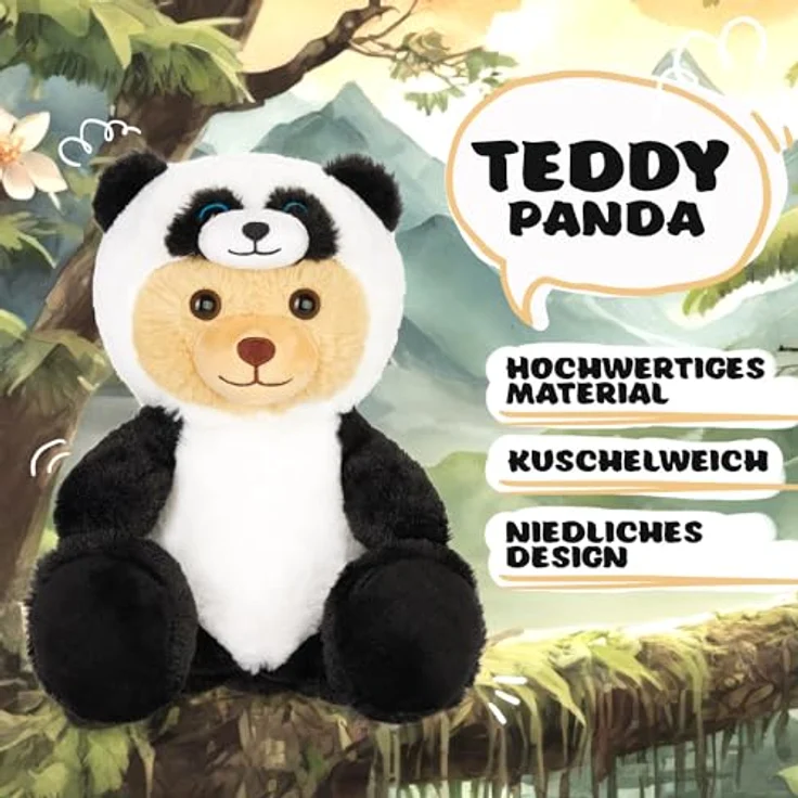BRUBIES Teddy Panda 25 cm, Plüsch-Teddybär im Pandakostüm mit abnehmbarer Kapuze, kuscheliges Geschenk für Kinder – Bild 2