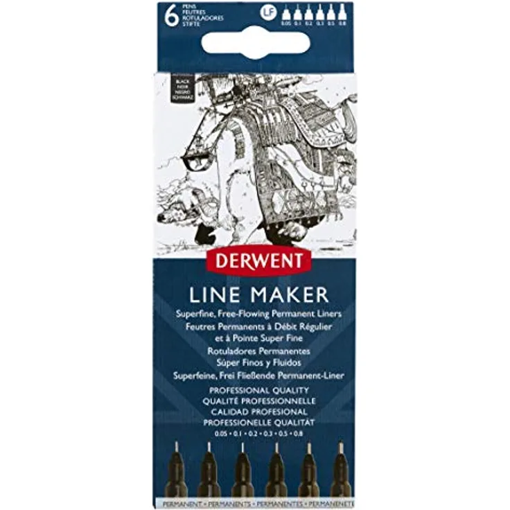 Derwent LINE Maker Black Wallet 6, feine permanente Filzstifte, hergestellt in Großbritannien