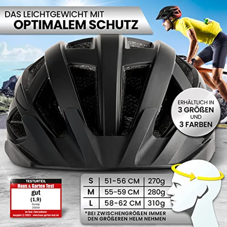 Dunlop Sports Fahrradhelm mit Licht-Sofort gesehen Werden-Ultraleichter Spezial Damen Herren Kinder Fahrrad Helm mit Visier und Rücklicht für hohe Sicherheit-Urban Helm (Schwarz/Rot, M (55-59 cm)) – Bild 2
