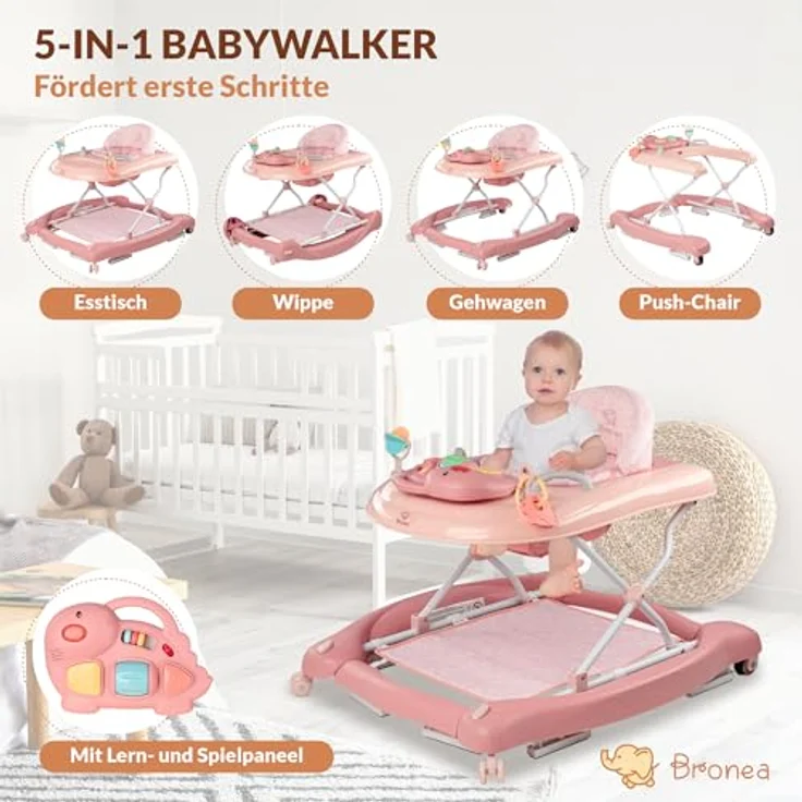 Bronea 5-in-1 Babywalker Gehfrei | Lauflernhilfe mit Schaukelfunktion, Musik & Licht | Höhenverstellbar | Klappbar | Rosa – Bild 2