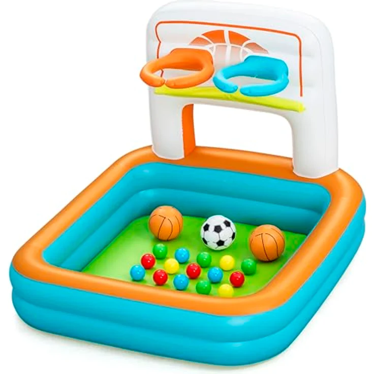 Bestway 3-in-1-Bällebad Kick 'n Swish, 120 x 107 x 84 cm, ab 2 Jahren, Innen- und Außengebrauch, PVC, 2 Basketballkörbe, Torschusswand, 1 Fußball, 2 Basketbälle, 15 Spielbälle, Sicherheitsventile – Bild 1