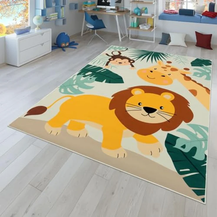 TT Home Kinderteppich, rutschfester Babyzimmerteppich mit Tiere und Weltkarte, grün-beige-blau, 80x150 cm, 100% Polyester – Bild 1
