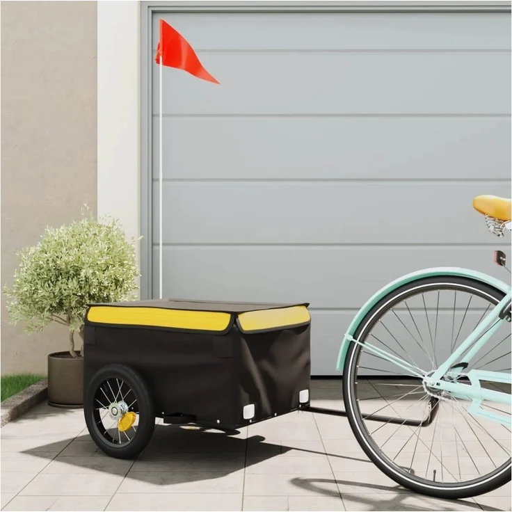 vidaXL Fahrradlastenanhänger Lastenanhänger für Fahrrad Schwarz und Gelb 30 kg Eisen, mit Deichsel und Sicherheitsflagge – Bild 1