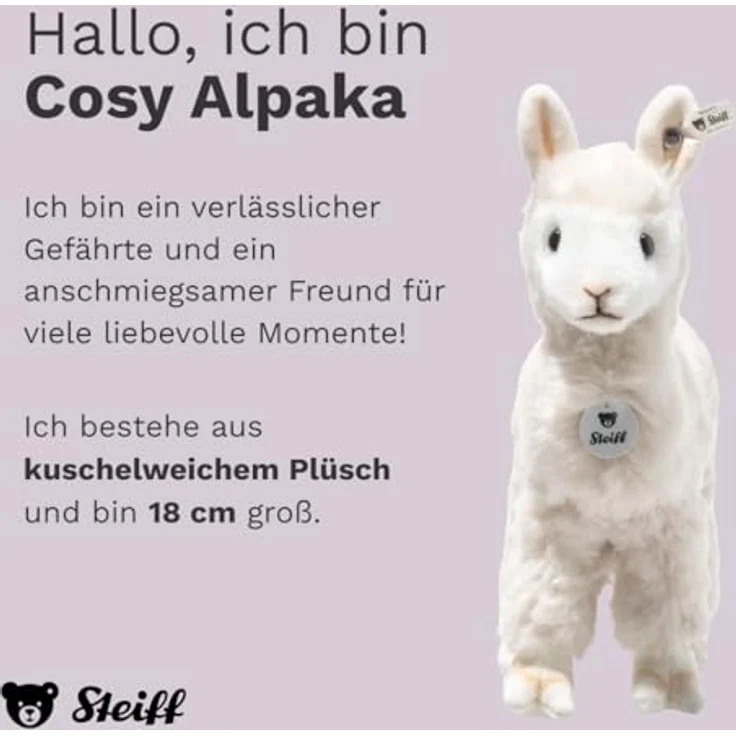 Steiff Kuscheltier Cosy Alpaka, 18 cm stehend, weiß, besonders kuschelweich mit „Knopf im Ohr“ – Bild 2