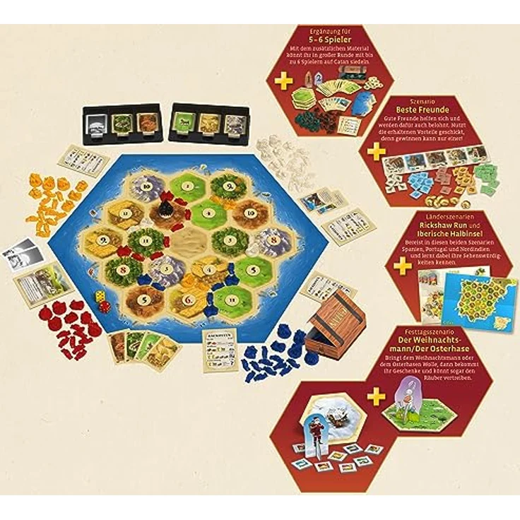 KOSMOS 682941 Catan - Big Box, 7-teilige Vorteilsbox, Starterset für Catan - Das Spiel, inklusive Ergänzung für 5-6 und Erweiterung mit Bonus-Szenarien, Strategiespiel, Brettspiel, Siedler von Catan – Bild 3