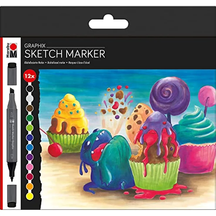 Marabu Sketch Marker Graphix 12er Set Sugarholic, brillante schnelltrocknende alkoholbasierte Tinte, geruchsarm und wasserfest