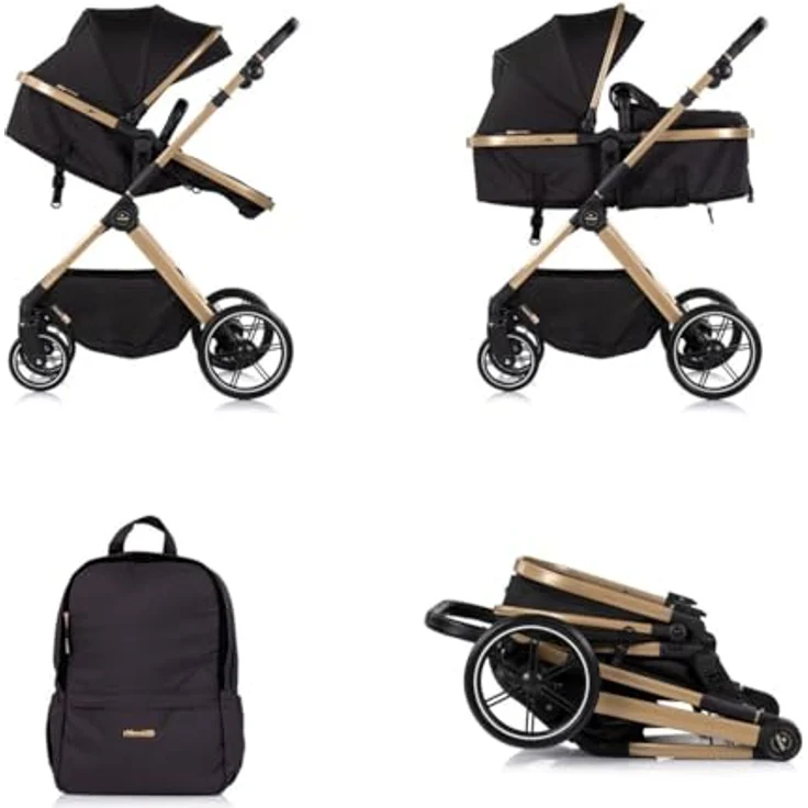 Chipolino Kombikinderwagen Pearl 2 in 1, umbaubar mit Rucksack, Fußsack, gefederter Rahmen, schwarz – Bild 4