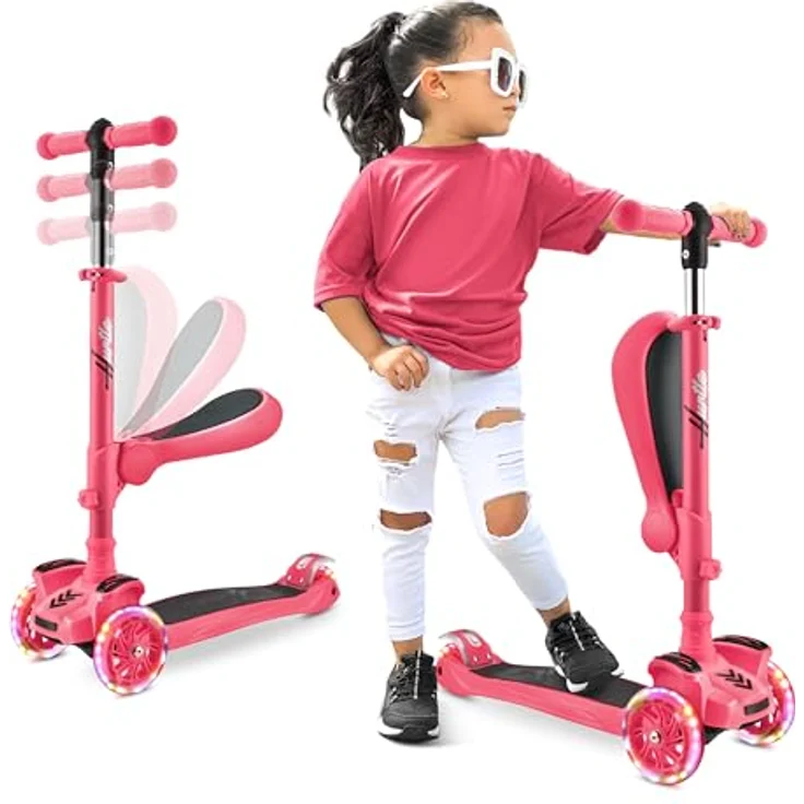 Hurtle ScootKid 3-Rad-Roller mit verstellbarem Lenker, rutschfester Plattform und blinkenden LED-Rädern für Kinder von 2-12 Jahren, abnehmbarer Klappsitz – Bild 1