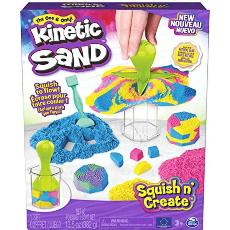 Kinetic Sand Squish N' Create Set - mit 382 g original magischem kinetischem Sand aus Schweden in DREI Farben und 5 Werkzeugen für kreatives Indoor-Sandspiel, ab 3 Jahren