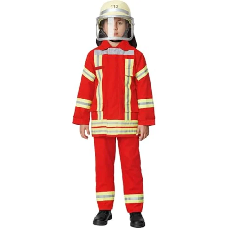 Maskworld Realistisches Feuerwehrmann-Kostüm für Kinder, rote Jacke & Hose, Größe 104, ideal für Karneval & Geburtstagsparty – Bild 3