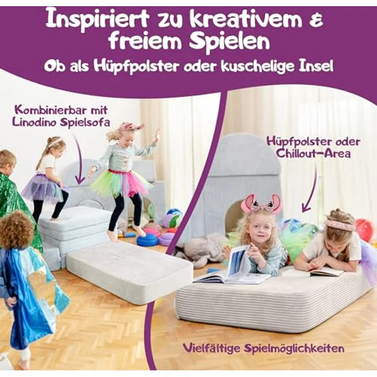 Linodino Hüpfpolster Elfenzauber Beige mit Federkern, rutschfester Unterseite, Tragegriff und abnehmbarem, waschbarem Cord-Bezug – Bild 5