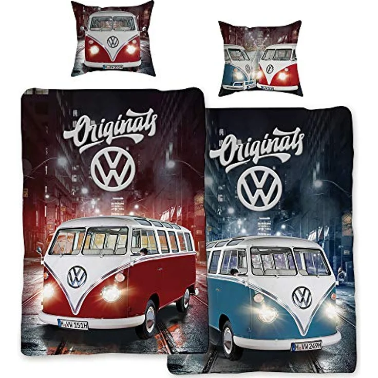 BERONAGE VW Volkswagen Bulli Bettwäsche Originals Rot/Blau 135 cm x 200 cm + 80 cm x 80 cm VW-Bus T1 100% Baumwolle Linon/Renforcé Retro Camper Van 2 Motive Wendebettwäsche Reißverschluss 087, Kinderbettwäschen – Bild 1