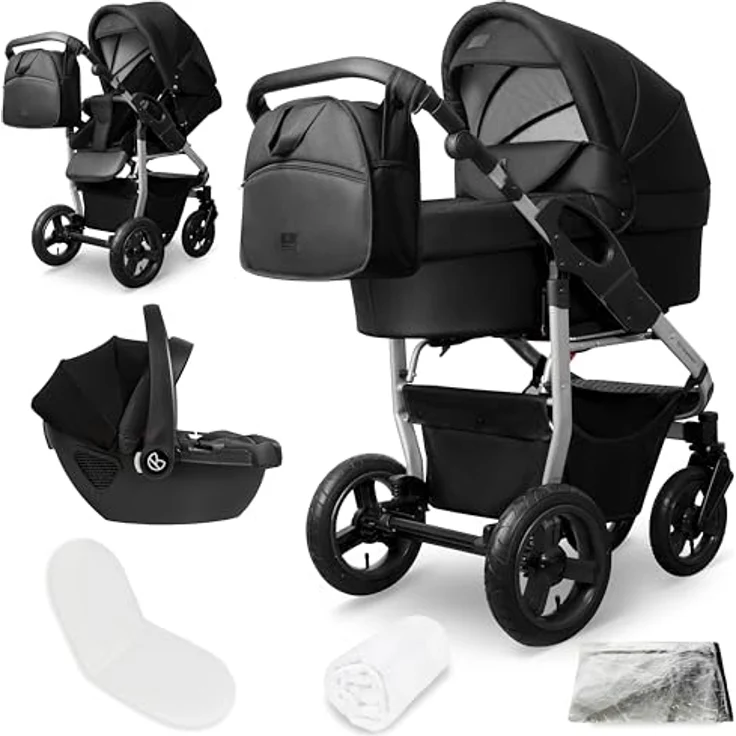 Bergsteiger Capri Kombikinderwagen 3-in-1, mit Babywanne, Sportsitz & i-Size Babyschale, Luftreifen, Federung, faltbar, höhenverstellbarer Griff, inklusive Zubehör – Bild 1