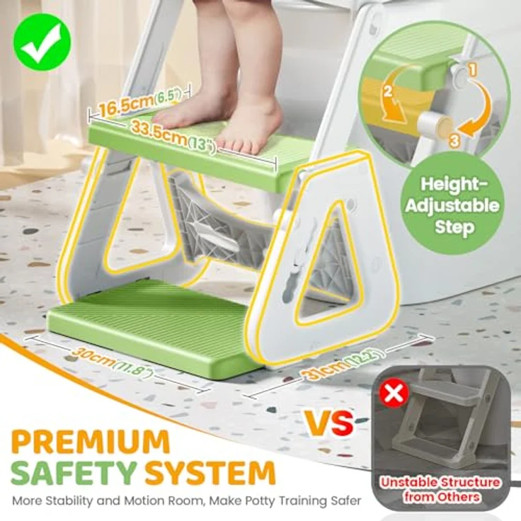 Orzbow Toilettensitz Kinder mit Treppe, Stabil mit Dreiecksstruktur, Verlängerter Pedal- und Spritzschutz, Wasserdichtem PVC-Polster, Rutschfest und Faltbar, Grün – Bild 2