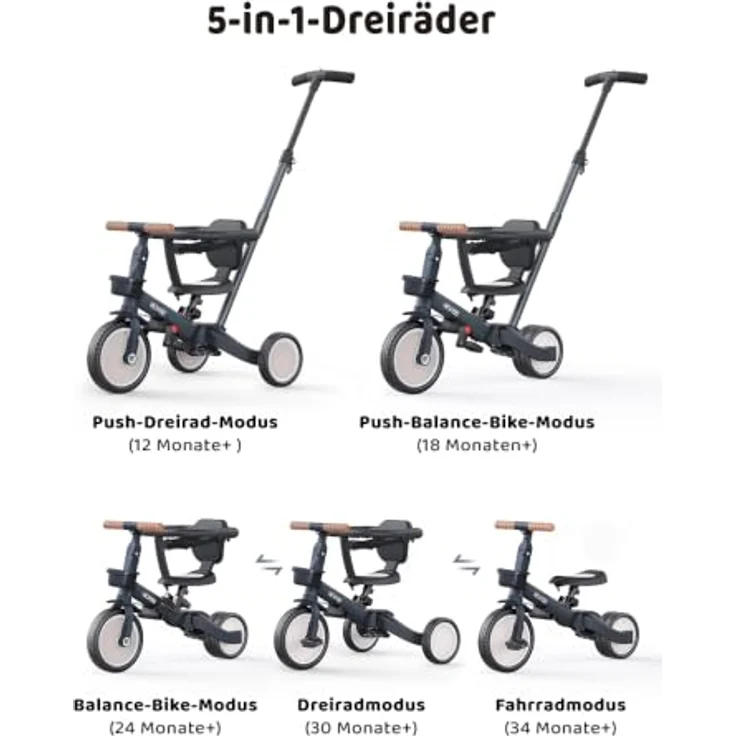 newyoo 5 in 1 Laufrad Dreirad, multifunktionales Kinderdreirad mit Schubstange, verstellbarem Lenker und Sitz, Sicherheitsbügel, für Kinder 1-3 Jahre, Dunkelgrau – Bild 2