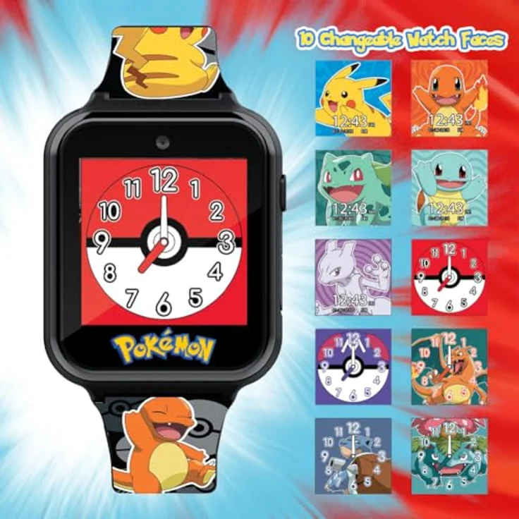 Accutime Kinder Smart Watch Pokémon (schwarz): Selfie Kamera, Foto & Video, Stoppuhr, 3 Hintergründe, 10 Zifferblätter, – Bild 3