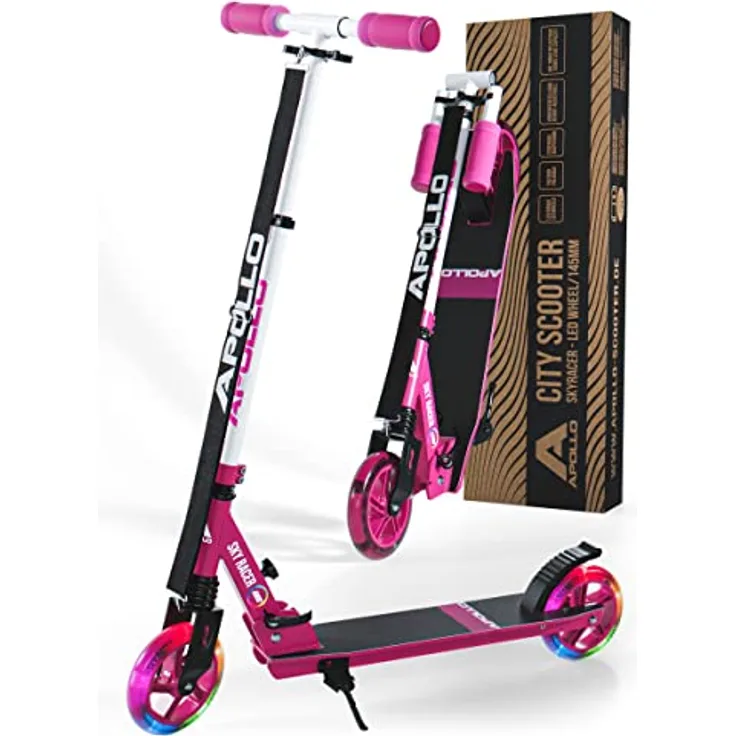 Apollo Scooter LED Skyracer, City Roller mit Federung und höhenverstellbarem Lenker, klappbar, für Kinder ab 5 Jahren und Erwachsene, pink/weiß