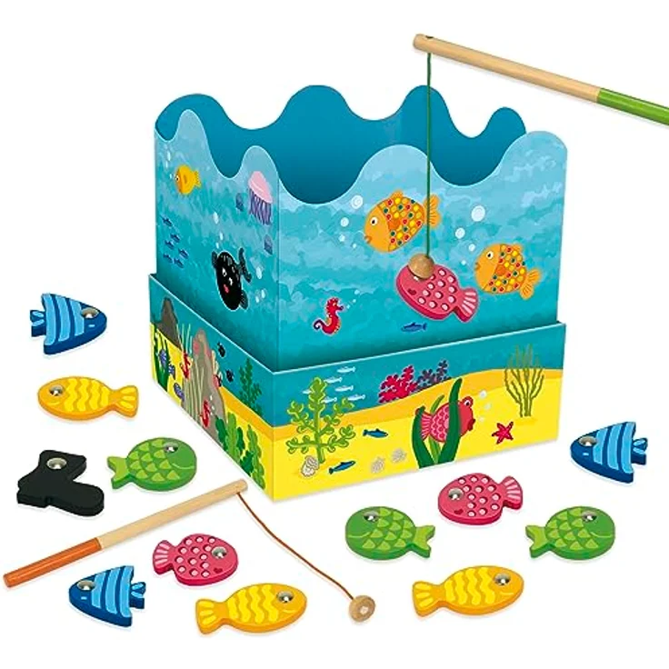 Goula Angelspiel, Brettspiel für Kinder ab 2 Jahren mit 2 magnetischen Angelruten und 12 bunten Holzfischen – Bild 5