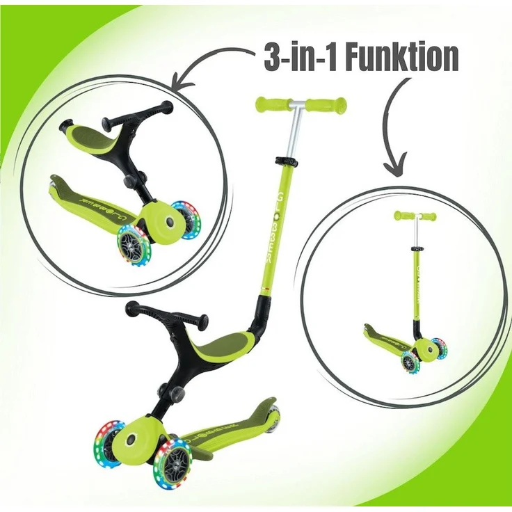 authentic sports & toys Globber Go-Up Active Lights 3-in-1 Kinderfahrzeug / Dreirad, Laufrad und Scooter mit LED-Leuchtrollen, Aluminium Lenk- und Schubstange, 4-fach höhenverstellbar, blau