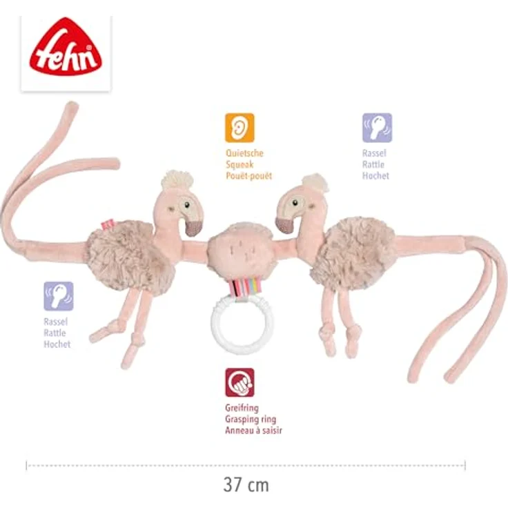 Fehn Kinderwagenkette Flamingo, Spielkette mit Rasselgeräuschen und Greifring, pink – Bild 4