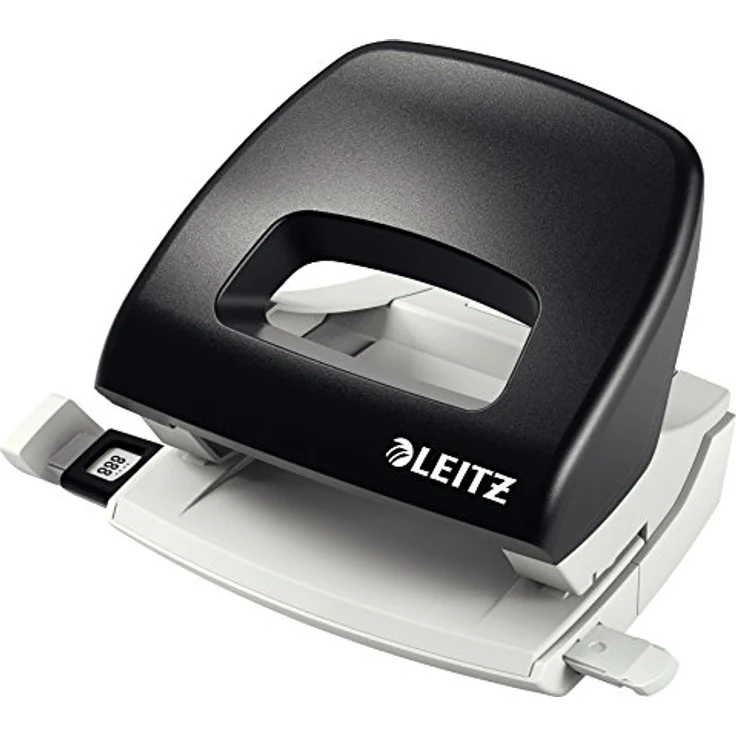 Leitz Kleiner Büro Locher aus Metall, 16 Blatt, Anschlagschiene mit Formatangaben, Ergonomisches Design, schwarz, 50380095 – Bild 1